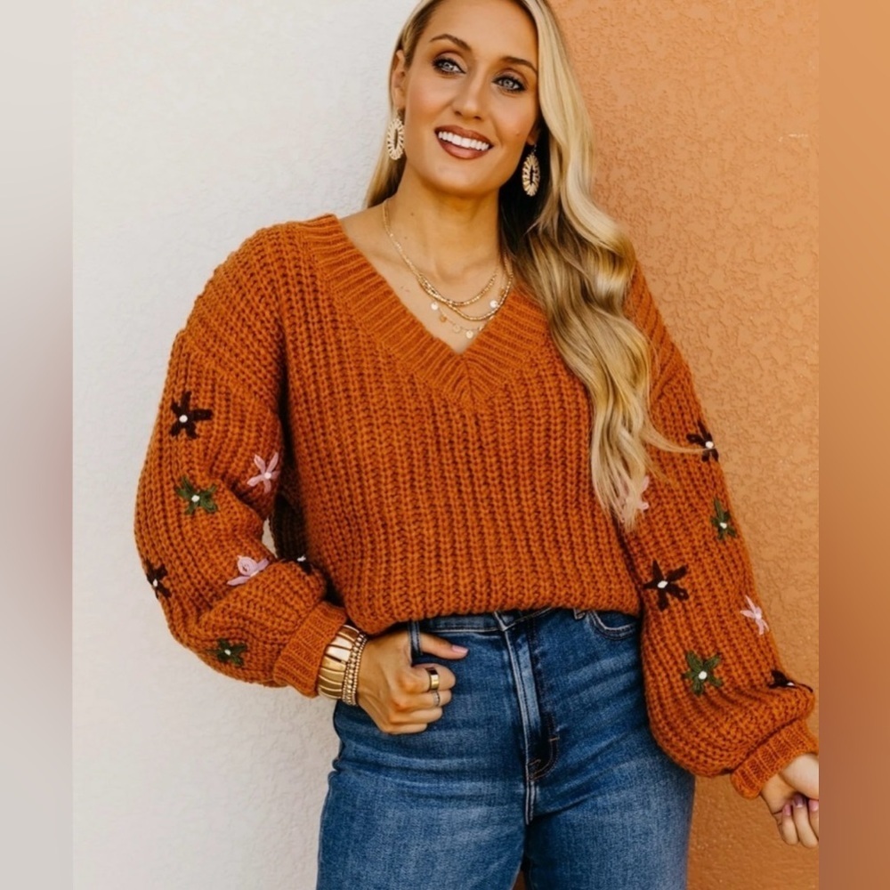 NWT Rust Cable Knit V Neck Floral Embroidered Bubble Sleeve Size Medium - Picture 9 of 16